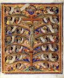 Baum des Lebens oder Baum des Kreuzes, Illustration aus der lateinischen Bibel Trivulziana, um 1335-40